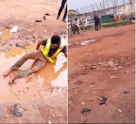 TOO BAD! Soldier And Prison Officers Force Man To Roll In Dirty Water In Edo State (Photos)