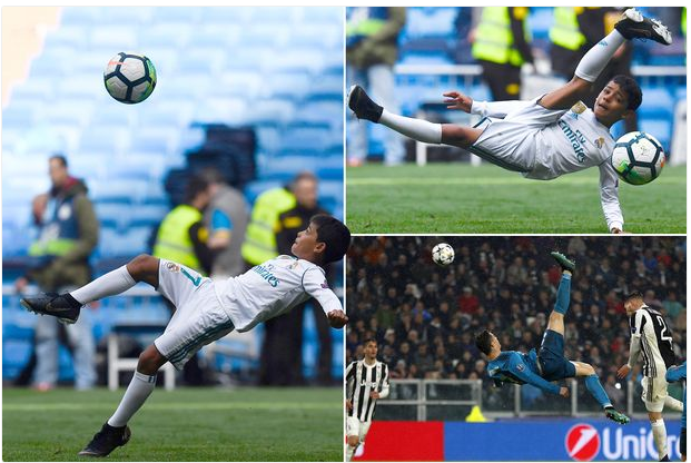 Like father, Like Son! Cristiano Ronaldo’s Son Attempts Overhead Kick After Madrid Derby (Photos)