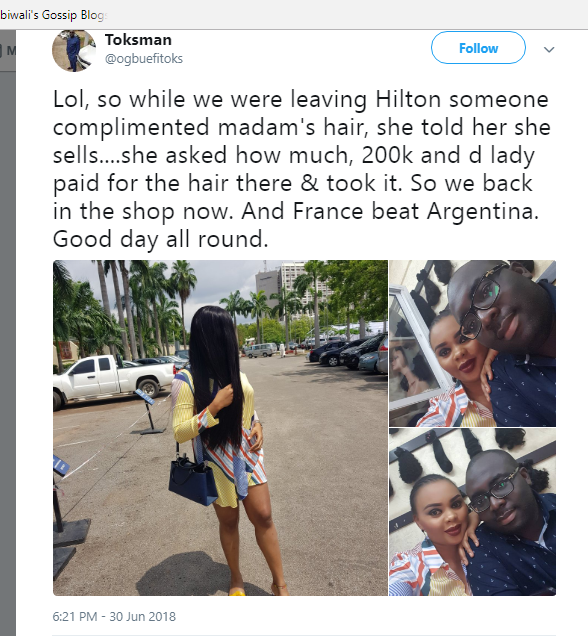 Woman Pulls off Her Wig, Sells it For N200k Infront of her Husband While Hanging Out (Pics)