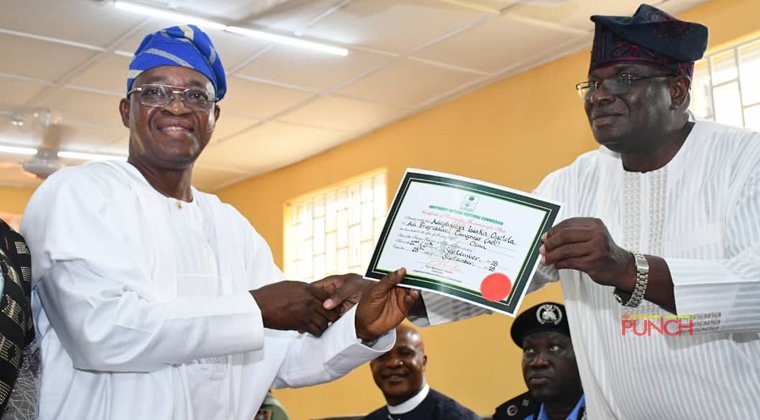 BREAKING: Osun State governor-elect , Alhaji Gboyega Oyetola receives certificate of return