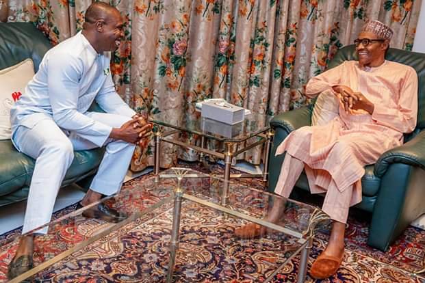 2019 Elections: Obasanjo’s Son Storms Aso Rock, Bows to Buhari as he Welcomes him (Photos)