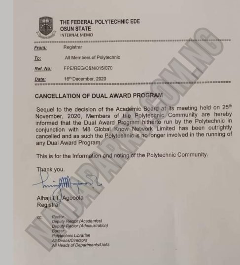 FEDERAL POLYTECHNIC EDE DUAL AWARD PROGRAMME Cancelled