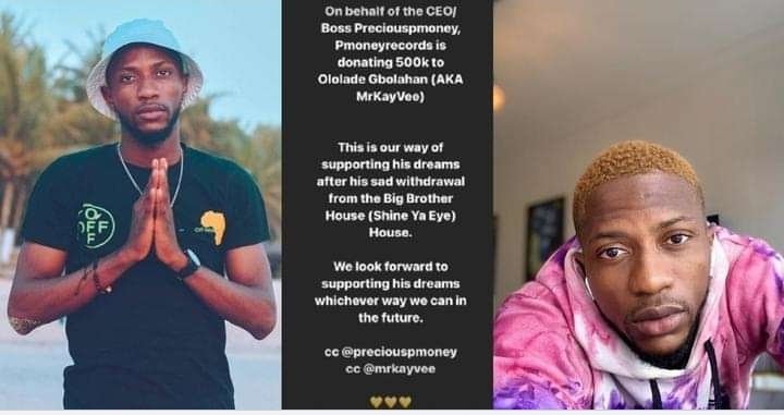 BBNaija Season 6: Record Label donates N500,000 to withdrawn housemate, Kayvee