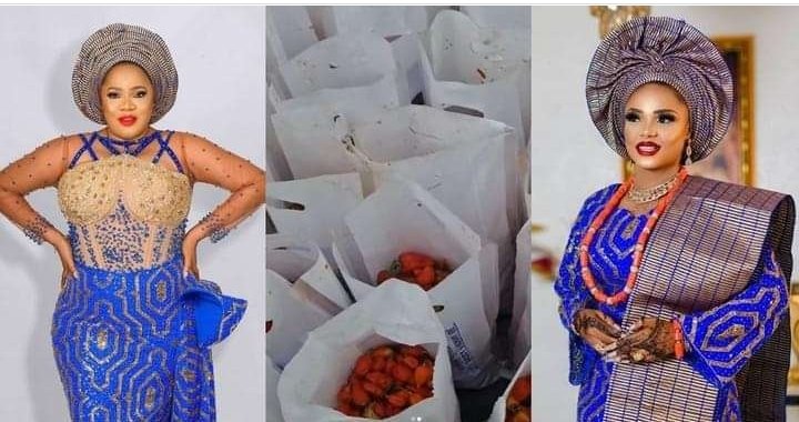 Toyin Abraham presents bags of pepper to guests at Iyabo Ojo’s mom’s burial party