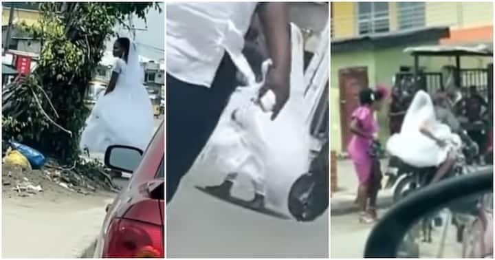 Bride leaves car after hours in traffic & hops on okada to get to wedding [video]