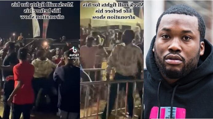 American Rapper, Meek Mill Seen Fighting Fans That Mobbed Him Outside Concert Venue In Ghana (Video)