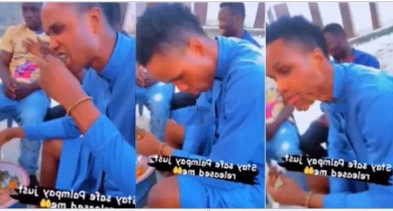 Nigerian Man Detained By Online Loan Firm Eats With Tears In His Eyes After Regaining Freedom (Video)