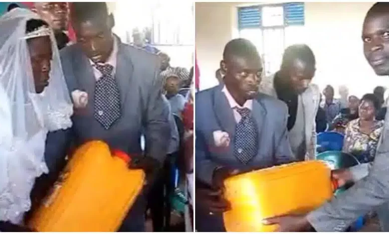 Wedding Guest Causes A Stir By Openly Gifting Couple An Empty Jerry Can On Their Wedding Day As A Gift (Video)