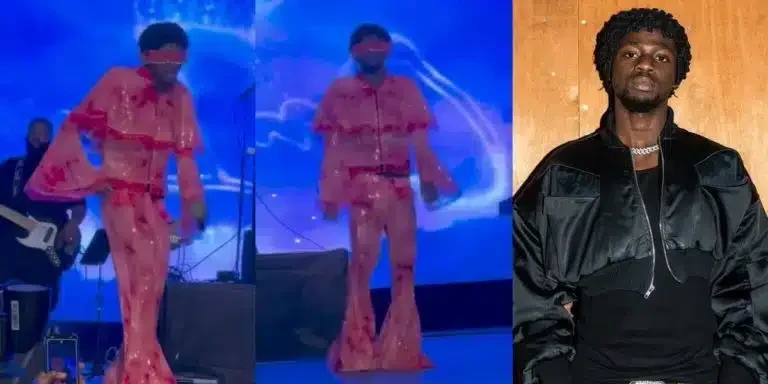 “This Guy Depression Don Reach Dressing” – Netizens React As Omah Lay Performs On Stage Wearing a Pink Outfit