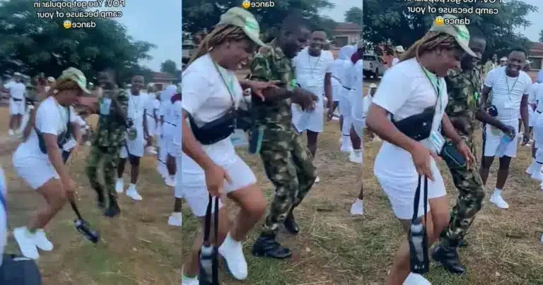 “You Think Say Soldier No Sabi Dance” – Moment Corper and Military Man Show Off Impressive Dance Moves at NYSC Camp