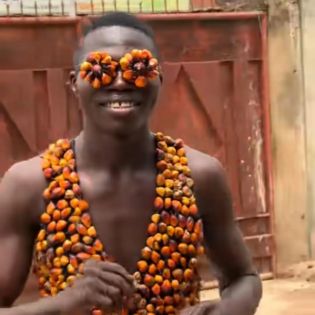 Nigerian Man Shows Creativity, Rocks Palm Nut Jacket, Boxers, and Glasses