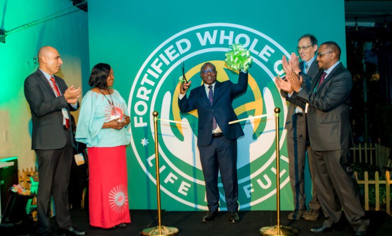 Hon. Minister Jean Claude Musabyimana (centre) of Rwanda's Ministry of Local Government officially launches the Fortified Whole Grain Alliance (FWGA) at the Africa Food Systems Conference Summit, hosted by the Government of Rwanda. He was joined by David Kamau, Managing Director - Fortified Whole Grain Alliance (Right) and from The Rockefeller Foundation, Roy Steiner - Senior Vice President, Food, Peiman Milani - Director, Food and Betty Kibaara - Director, Food Initiative.